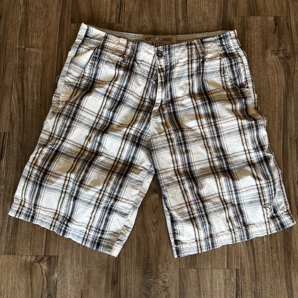 Y2K vintage Abercrombie & fitch plaid brown tan cream me s shorts size 36